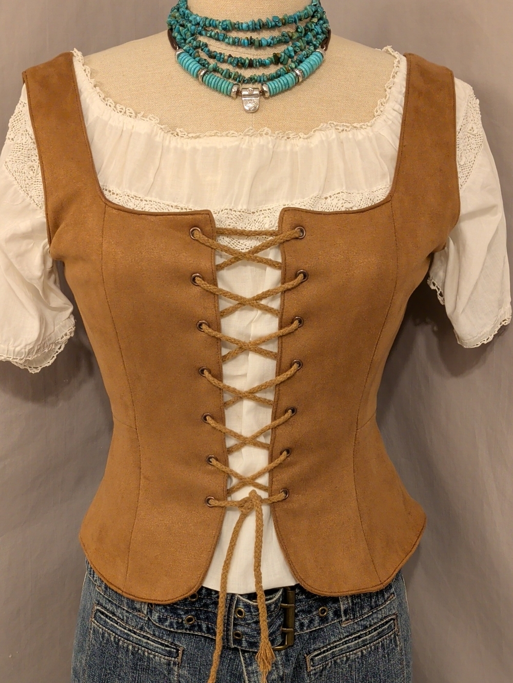 Suede Look Lace Up Bodice Vest Tan Camel Color Corset Laced NWT S/M 6